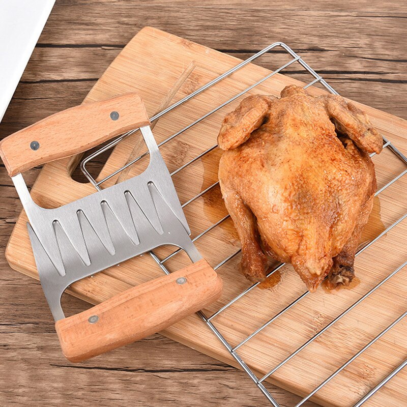 Wooden Handle Stainless Steel Bear Claw Tearing Chicken Meat Separator Six Teeth Picnic Meat Cutting Multifunction Tool