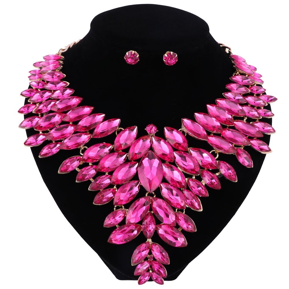 Women Crystal Jewelry Set Gold Color Necklace Earring African Costume Nigerian Wedding Accessories Jewelry Set: Rose Red