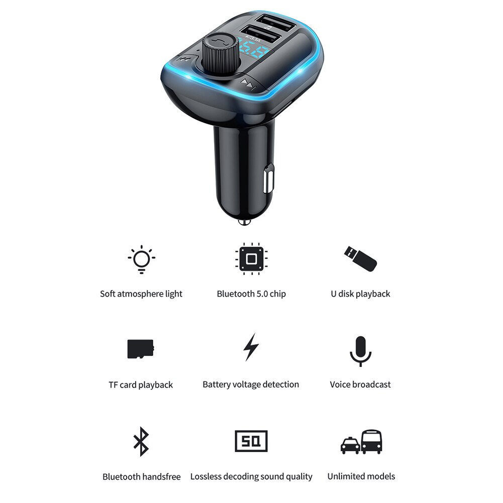 Car FM Transmitter Wireless Bluetooth Stereo Dual USB U Disk TF Card Reader MP3 Player Audio Blue Flash Light Car Charger