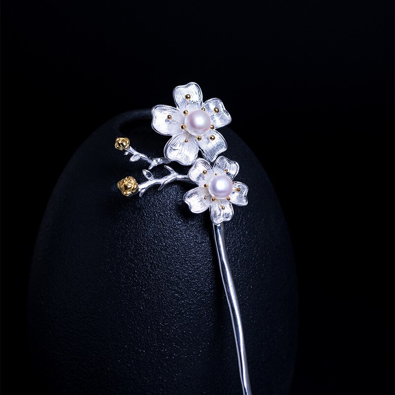 925 Sterling Silver Hair Sticks for Women Sakura Flower Chain Tassels Japanese Hair Stick Pearl Vintage Bridal Hair Accessories