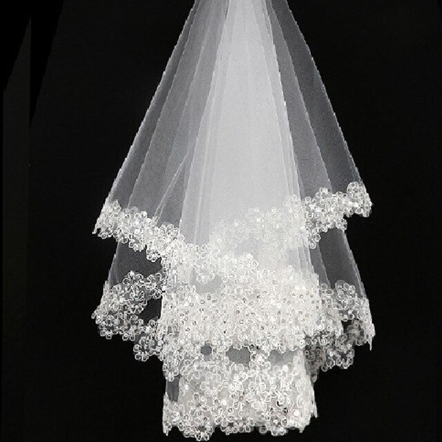 Ivoire blanc mariage voile mariage accessoires dentelle pas cher Stock paillettes dentelle bord une couche mariage voile mariée voile 60 cm