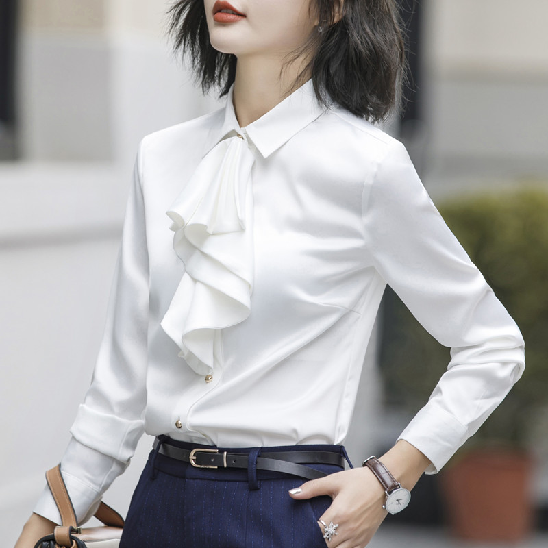 Women Ruffle Shirt Formal Long Sleeve Slim Chiffon Blouses Office Ladies Plus Size Work Tops