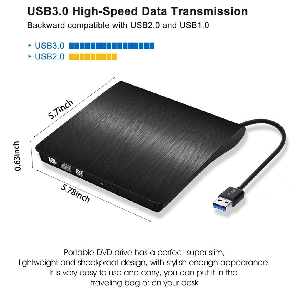 USB 3.0 External CD DVD Drive Writer Burner Portable for Laptop Desktop Mac Windows Linux High Speed