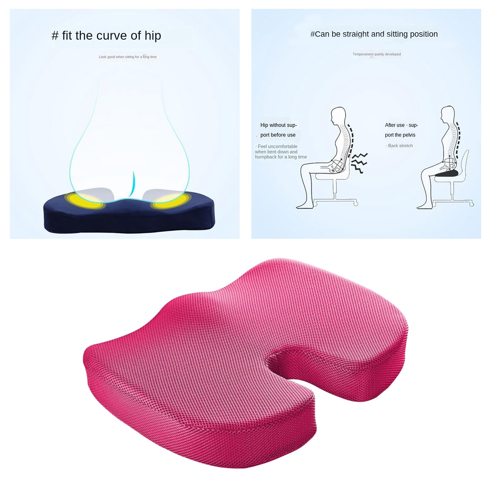 Ergonomic Seat Cushion for Office Chair, Memory Foam Coccyx Cushion Sciatica Pillows for Tailbone Pain &amp; Butt, 18x14x3 Inch: Rose Red