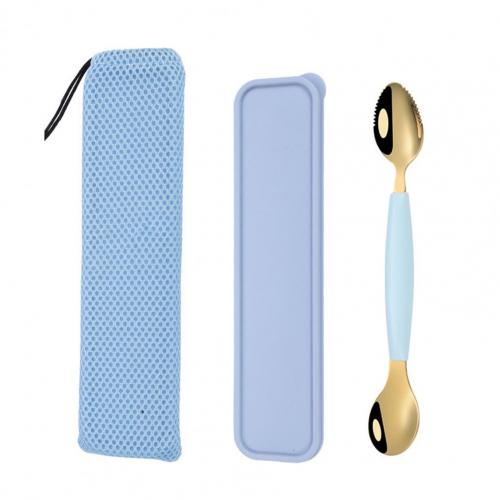 Cuchara de raspado de barro de doble cabeza para niños, multifuncional, de acero inoxidable, procesador de alimentos para bebé, barro para raspar fruta para Cocina: Blue Gold