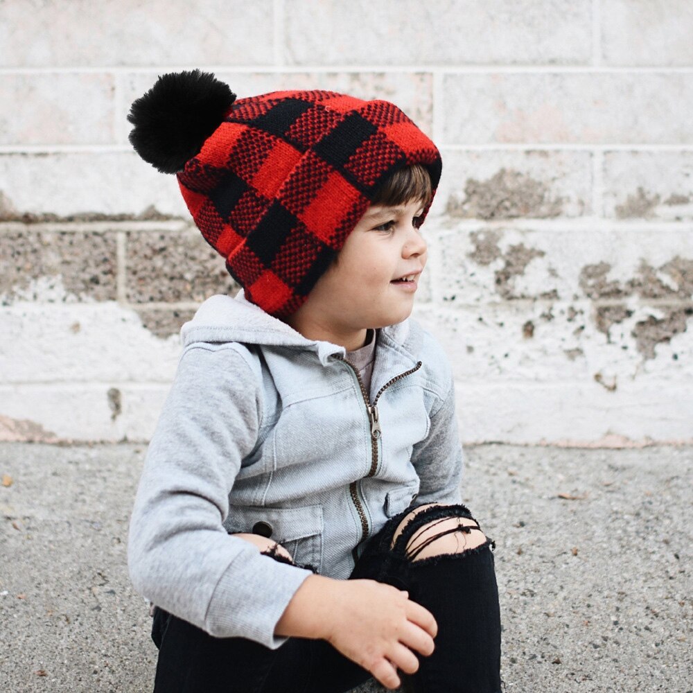 Knitted Hat Fashionable Plaid Woolen Hat Christmas Knitted Cap for Adults Kids Red