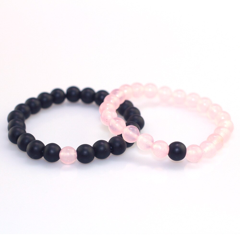 8MM Couples Distance Bracelet Classic Natural Stone Pink and Black Beaded Bracelet for Men Women Best Friend Christmas