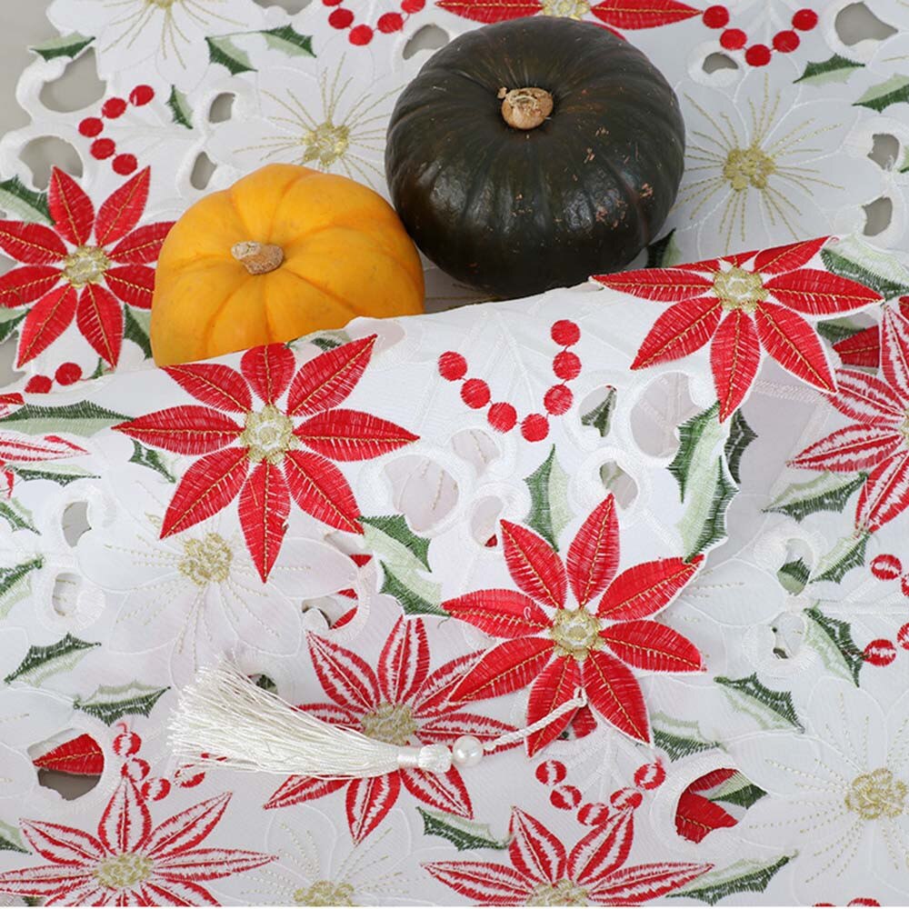 Christmas Embroidered Table Runner Poinsettia Holly Leaf Table Linens High Special Tablecloth Home Decoration