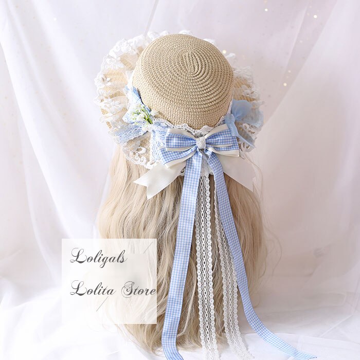 Sombrero de paja para mujer, sombrero de sol Mori Girl con lazo a cuadros: Azul cielo