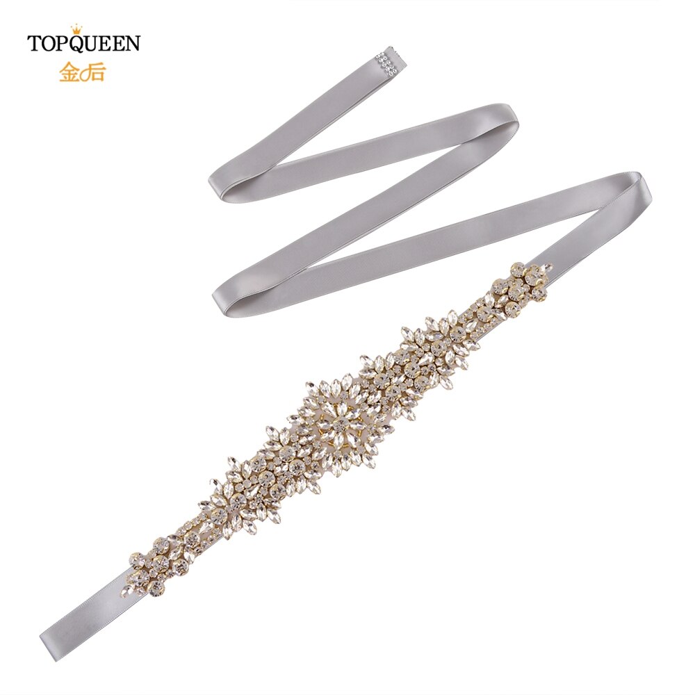 TOPQUEEN-cinturones para vestidos de novia de talla grande S319-G, cinturones dorados para mujer, cinturón de diamantes de imitación, cinta de lujo para novia, faja de boda: Gray ribbon