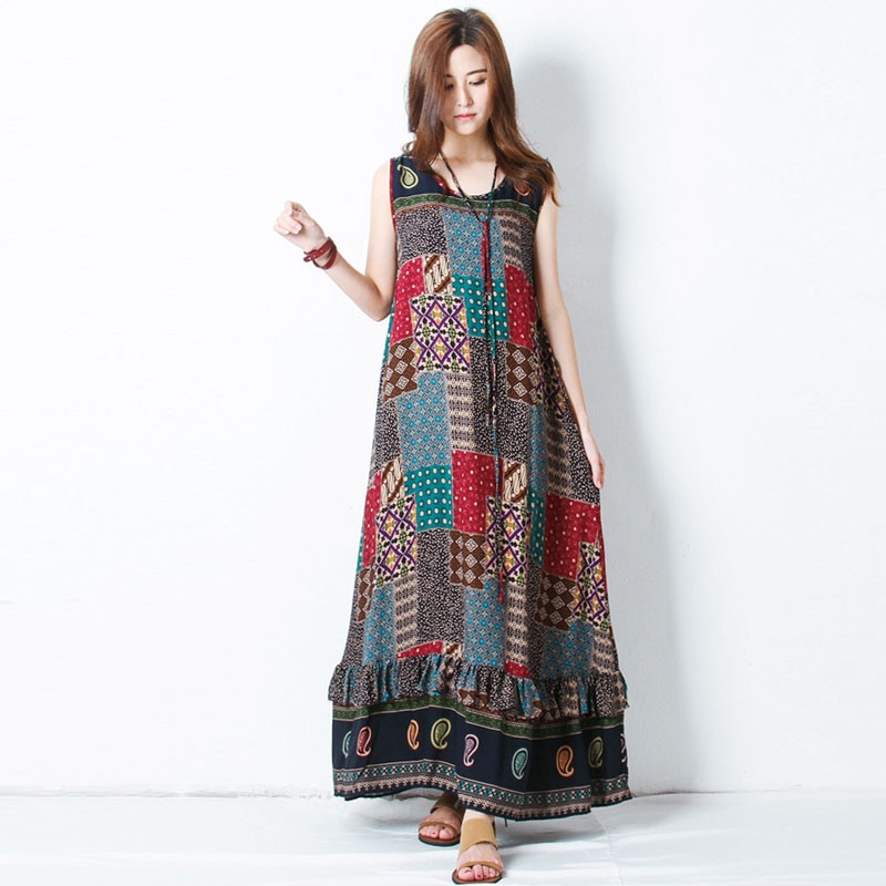 ZANZEA verano dibujo bohemio mujeres cuello redondo sin mangas suelta playa Maxi vestido largo volantes Casual Sundress de talla grande