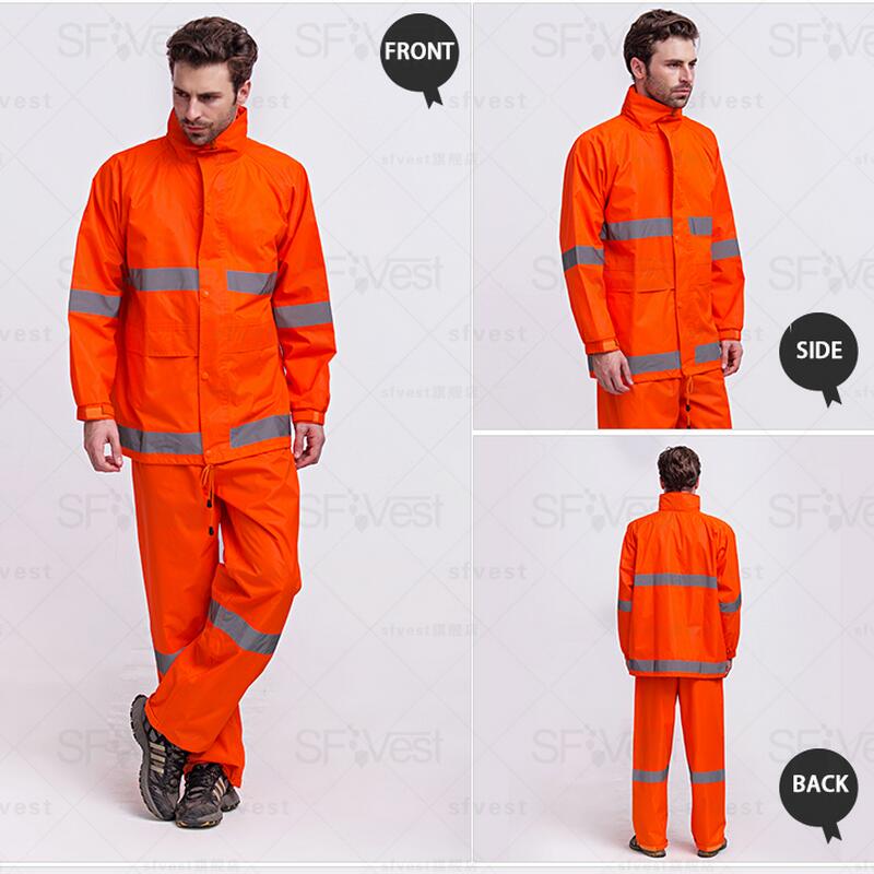 Fluorescent orange Safety Raingear Hi Vis Rainsuit Waterproof Hooded Parka &amp; Pants with reflective tape