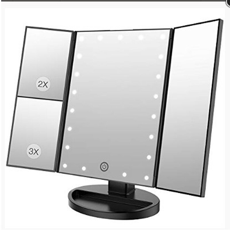 Espejo LED para maquillaje, espejo plegable con luz, 2 veces 3 veces más grande, espejo de relleno, espejo dorado rosa: black