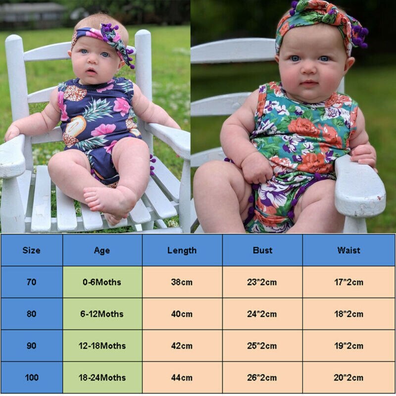 0-24M Baby Zomer Romper Kleding Pasgeboren Meisje Jongen Kwastje Hoofdband Ananas Outfit Mouwloze Bloemen Jumpsuit