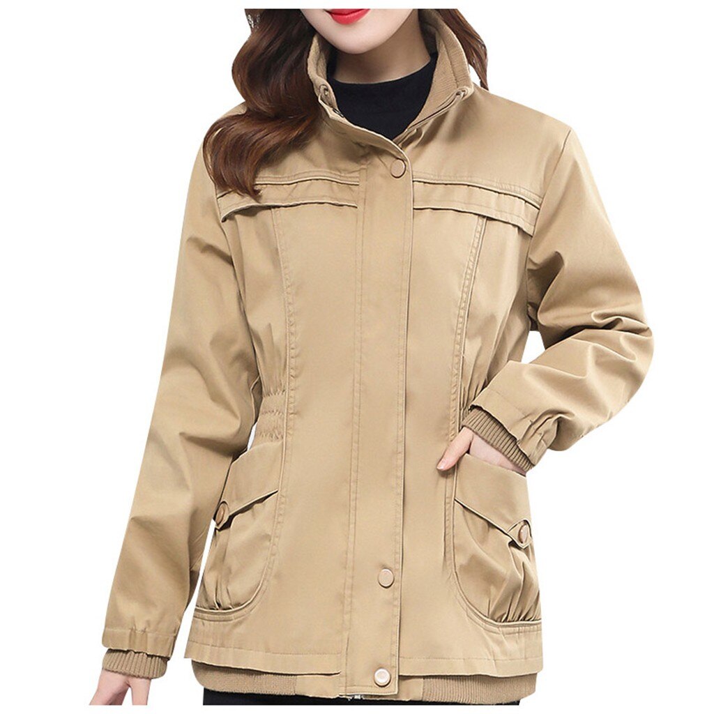 Solid Green Women Long Sleeve Jacket Windbreaker Parka Pockets Cardigan Coat Autumn Outwear Women Clothes#G30: Khaki / 5XL