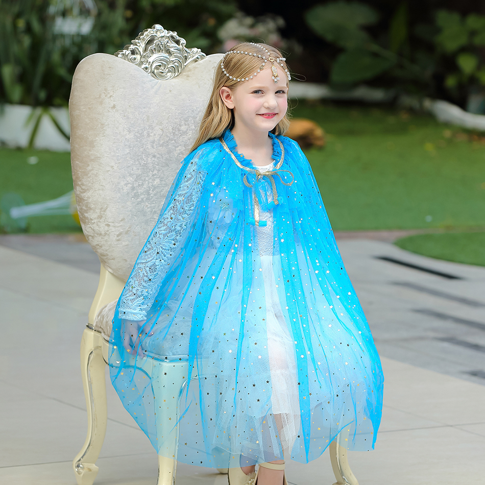 Mädchen Prinzessin Party Kostüm Kordelzug Pailletten Tüll Cape Mantel Halloween Kleid Up Mantel für Prinzessin Elsa Jasmin Sofia Blau