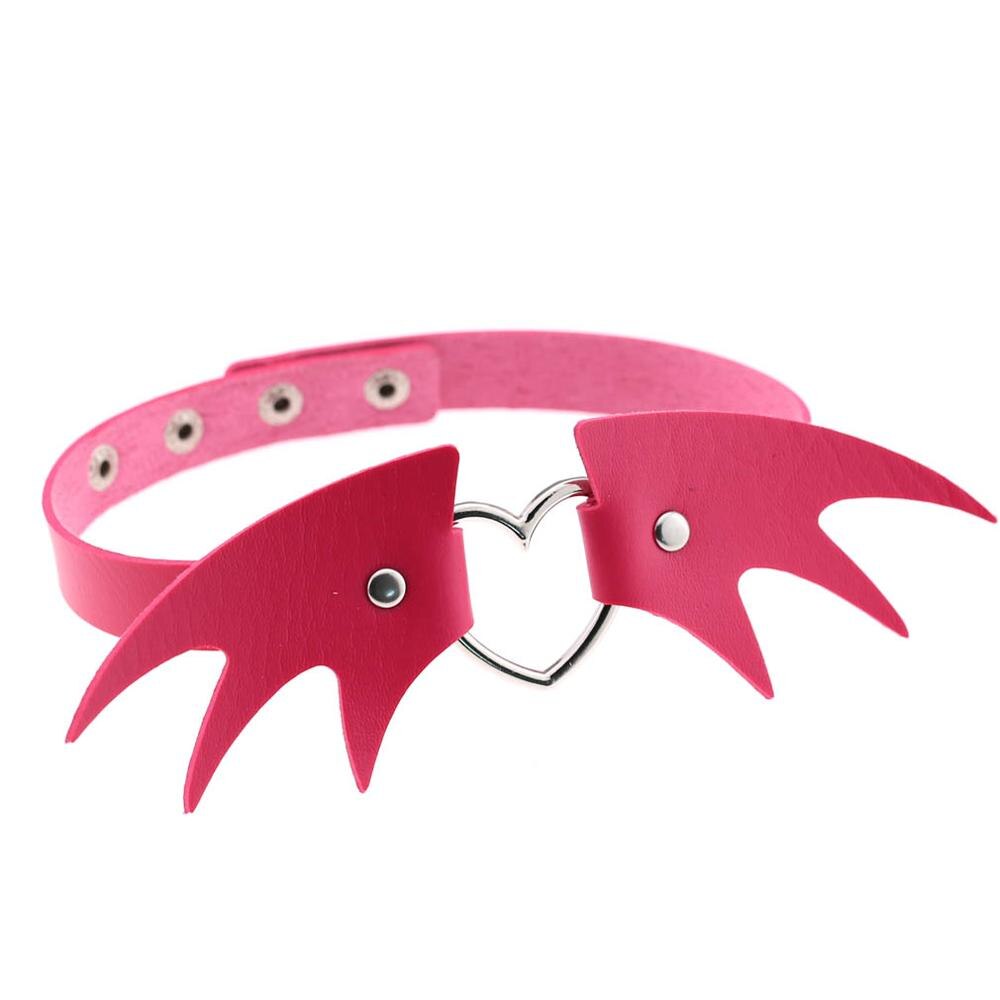 Neue punk gothic kleine teufel pu-leder engel liebe flügel pfirsich herz halsketten kragen schlüsselbein halskette: fuchsia