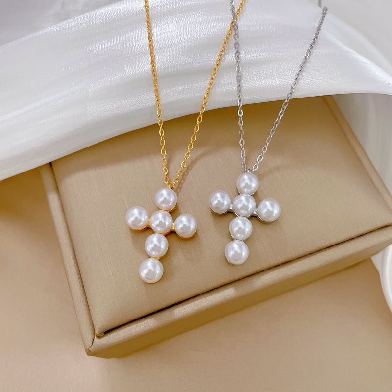 Klassieke Persoonlijkheid Romantische Witte Parel Kruis Ketting Prachtige Christelijke Roestvrijstalen Sleutelbeen Ketting Hanger