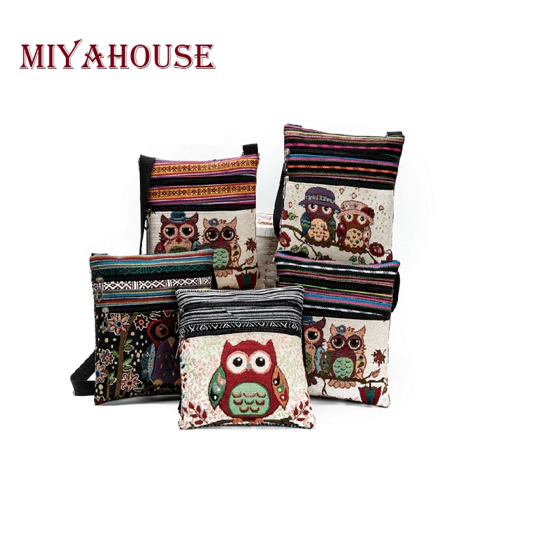 Miyahouse doppia cerniera femminile Mini Flap borse a spalla cartone animato gufo stampato borse di tela borse a tracolla piccole da donna