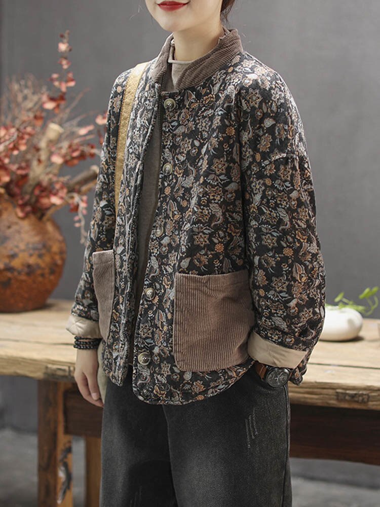 Women Retro Flower Buckle Cotton Padded Coat