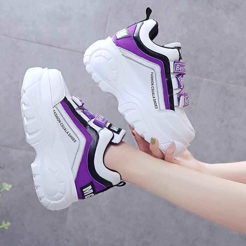 Tyk bund chunky sneakers kvinder hvid sort patchwork høj platform sko kvinde afslappet efterår vinter kiler fodtøj  g788