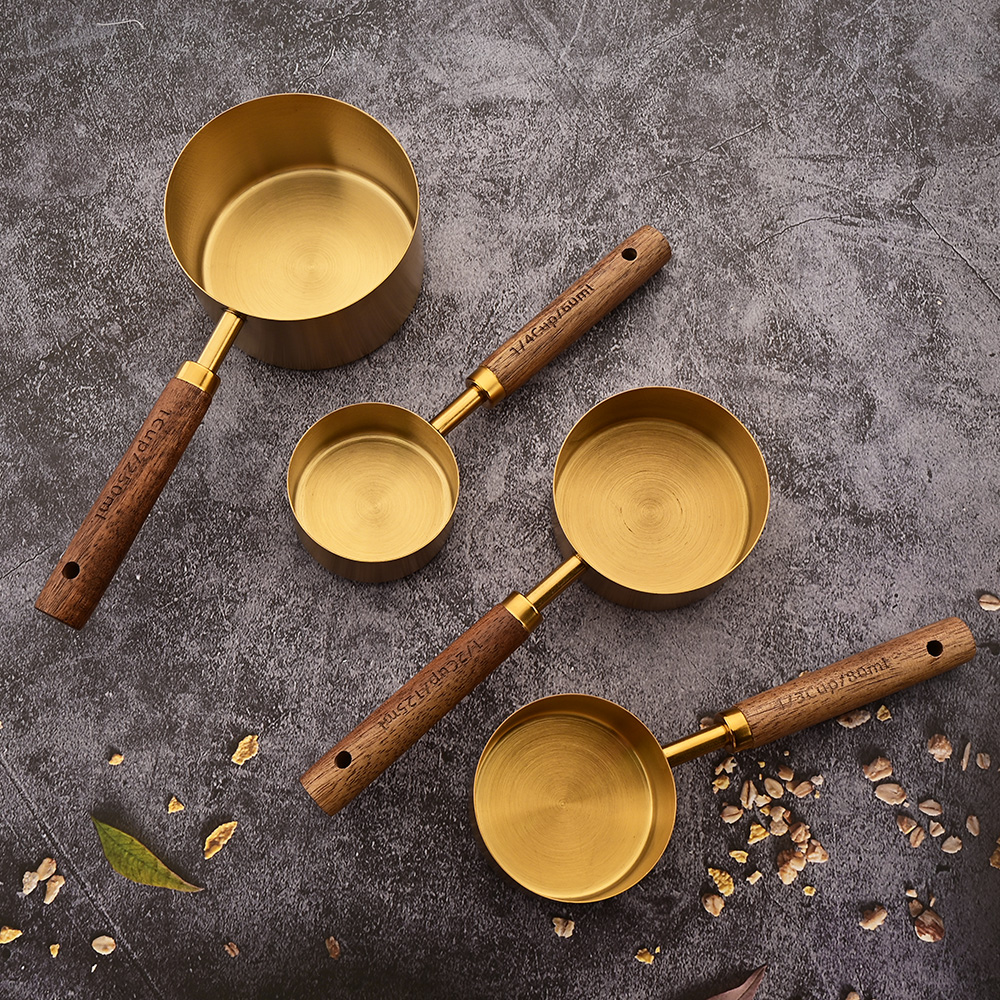 Gold Holzgriff Edelstahl Messbecher Löffel Backwerkzeuge Kaffee Messlöffel Set Barkeeper Maßstab Zubehör
