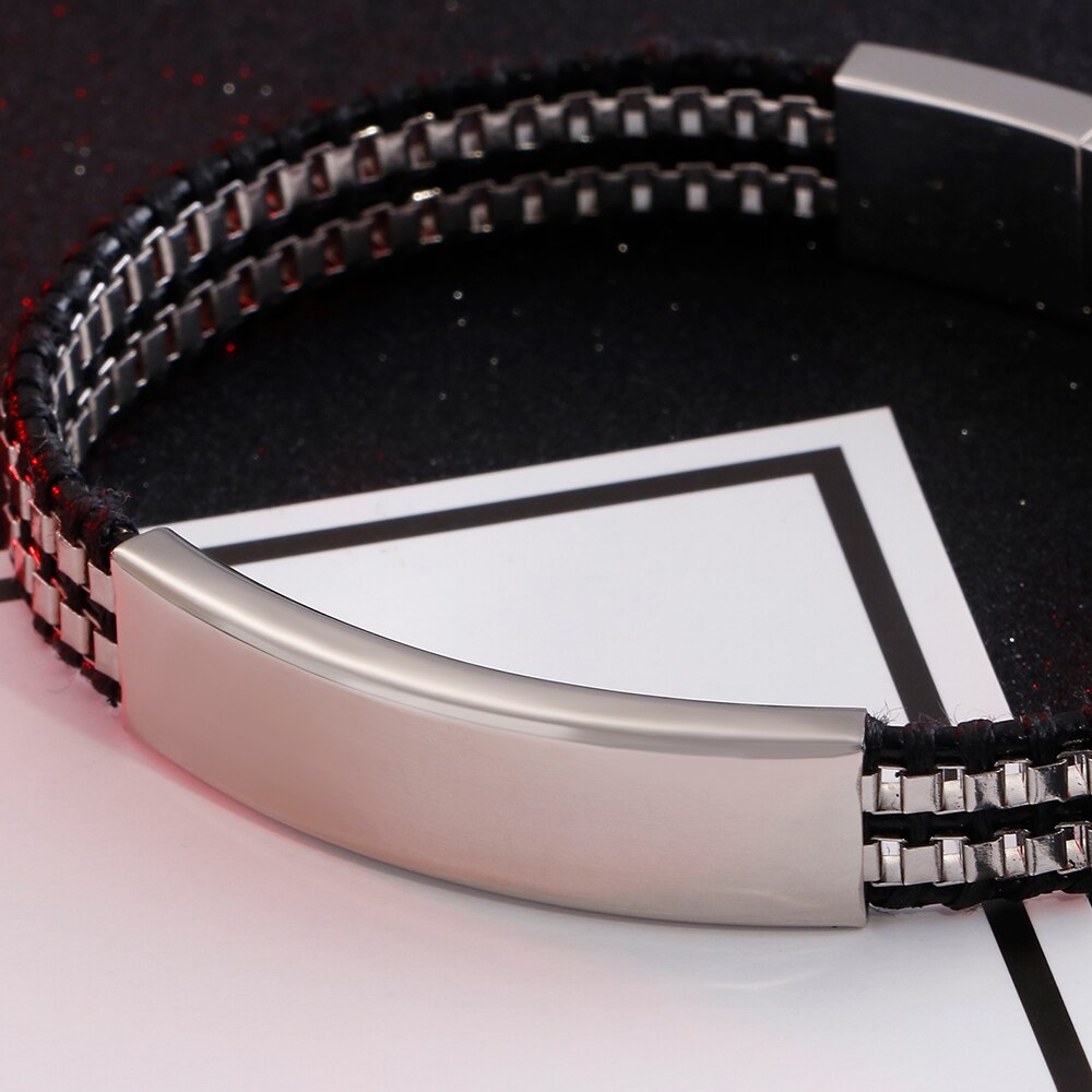 Friendship Bracelets Double Layer Stainless Steel & Leather ID Bracelet For Men Name Logo Engrave Engagement For Boyfriend