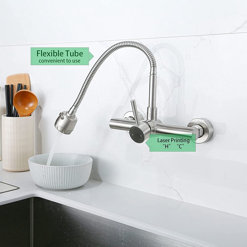 Wall Mount Kitchen Faucet 8 Inch Center ,With Dual Function Flexible Sprayer,Mixer Stainless Steel Constructed Bar Tap