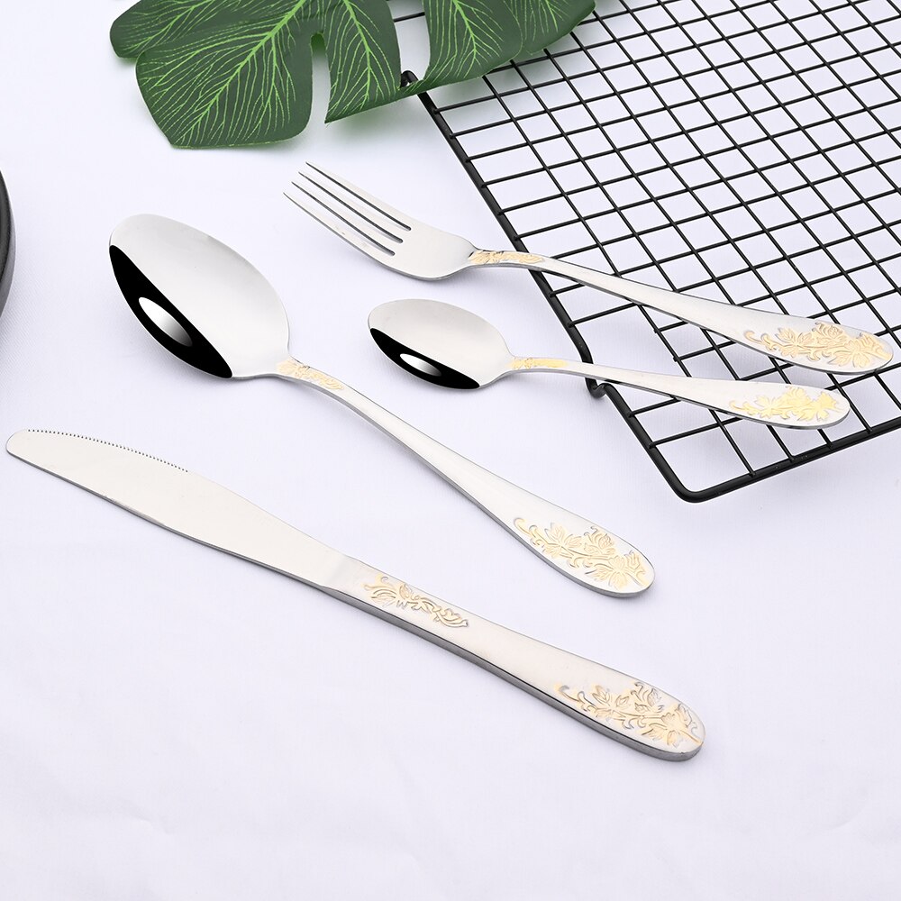 Vajilla de acero inoxidable dorada clásica, juego de cubiertos, cucharas occidentales, cuchillos, tenedores, Kit de cocina
