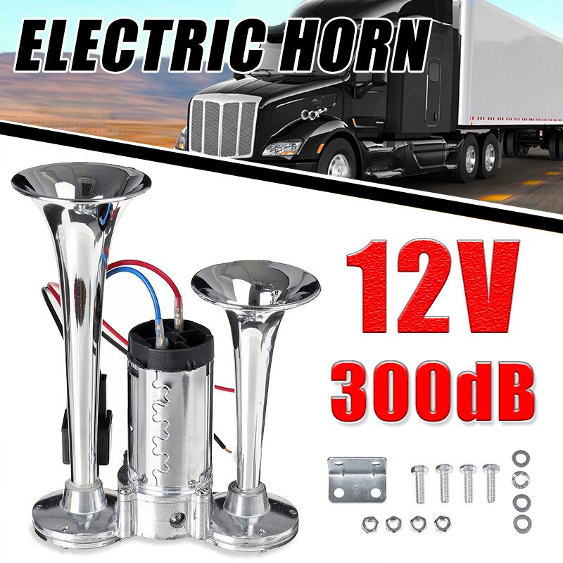 300DB Dual Trumpet Electric Horn Loud Chrome Air Horn Speaker Kit 12VUniversal for Car Train Truck Lorry