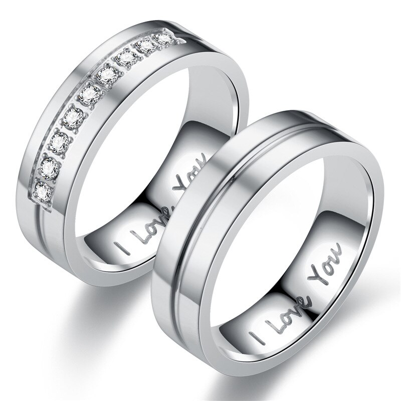 Anillos de compromiso de pareja de acero inoxidable a la para mujeres y hombres, anillo de cristal I LOVE YOU , de joyería de boda