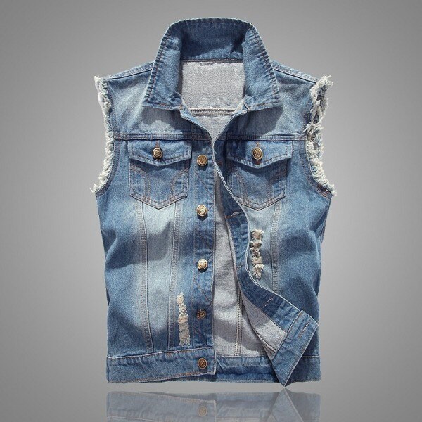 chaleco vaquero para hombre estilo coreano Delgado azul claro sin mangas chaqueta de talla grande 6xl rasgado Chaleco de Jeans para hombre: light blue / XXXL