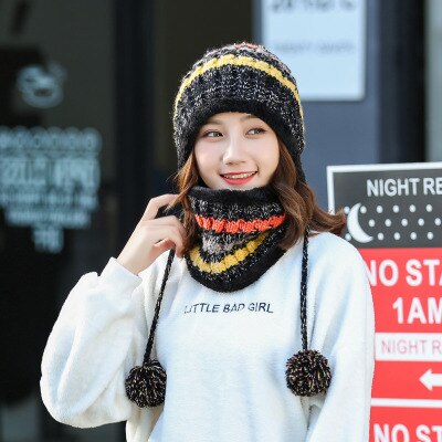 BINGYUANHAOXUAN-gorro de punto para mujer, gorros con bufanda, gorros, gorros de invierno cálido holgado para niña, gorros de lana para niña: black