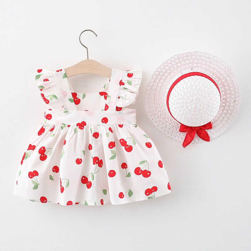 Cherry Baby Girls Dress With Hat Cotton Toddler Girls Casual Outfit 2 colori abbigliamento per bambini