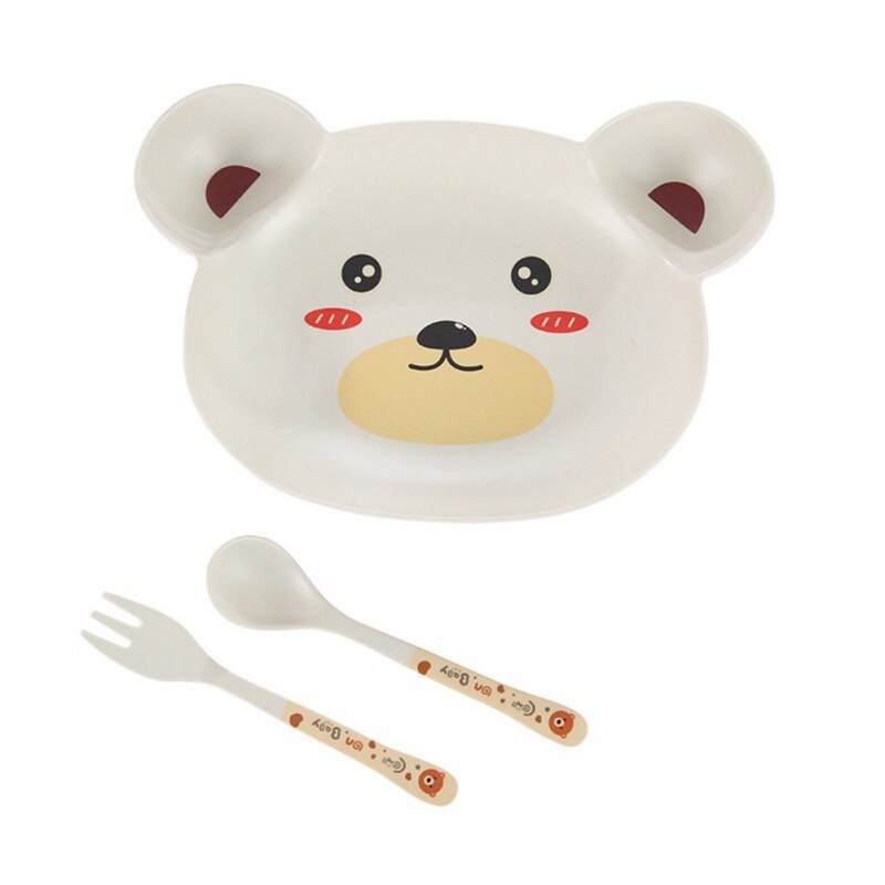 3 Stks/set Milieuvriendelijke Bamboe Fiber Baby Gerechten Animal Bear Servies Set Voor Kids Peuter Servies Voeden Vork Lepel Plaat: D
