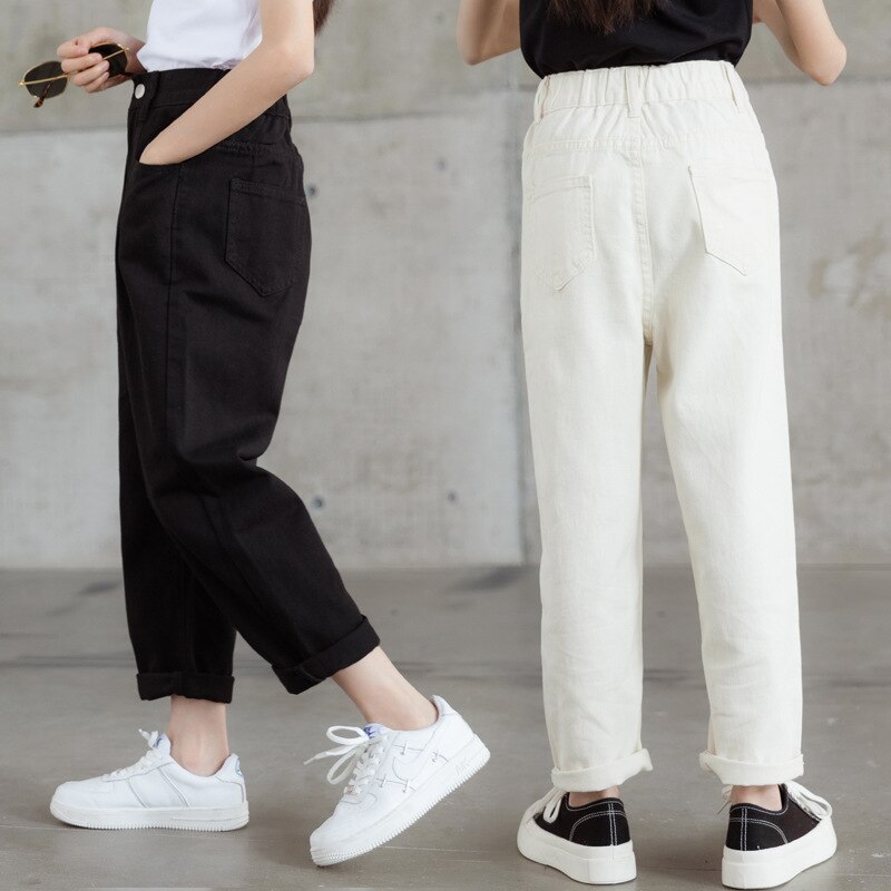 Chicas adolescentes Beige recto Jeans Otoño Invierno cintura alta cintura elástica pantalones Denim 10 12 13 14 15 años