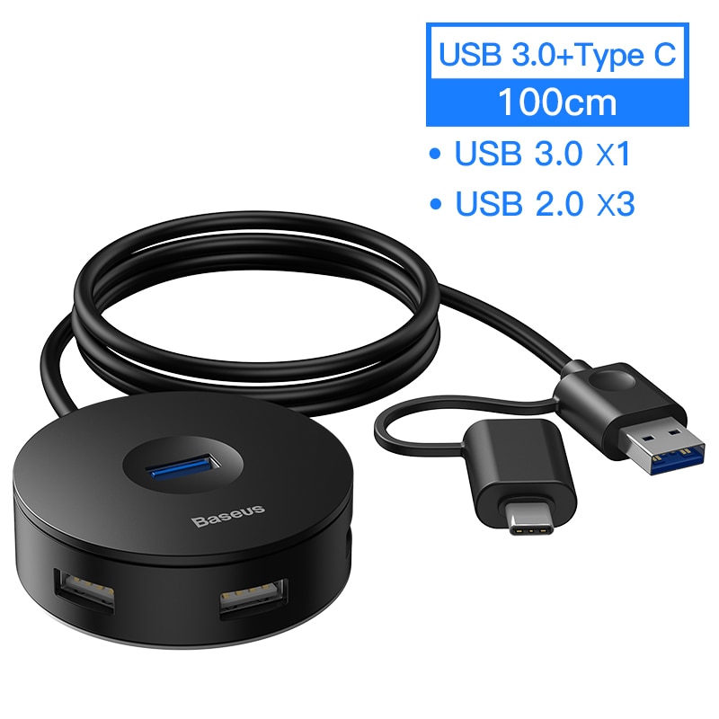 Baseus Usb Hub Usb 3.0 Usb C Hub Voor Macbook Pro Oppervlak Usb Type C Hub Usb 2.0 Adapter Met micro Usb Voor Computer Usb Splitter: 2Plug Black 100cm