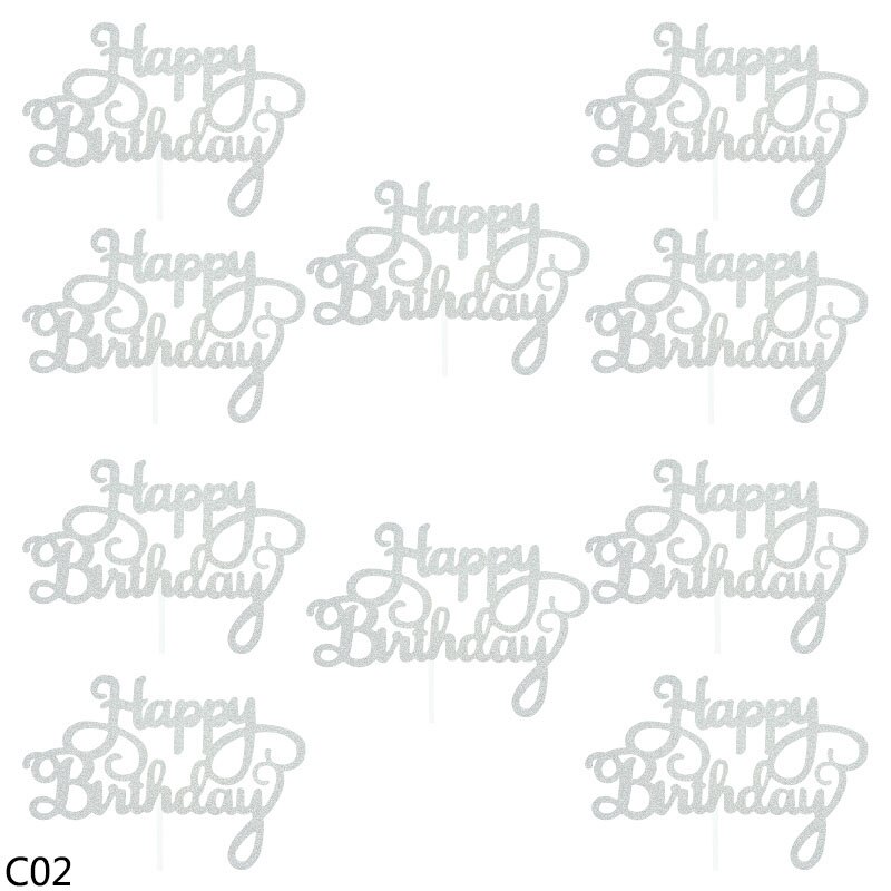 10pc Bling Glitter Happy Birthday Cake Topper For Baby Shower Kids Birthday Party Cake Baking Dessert Decor Supplies Cake Insert: C02 silver