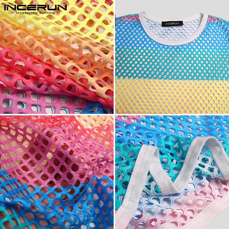 Camiseta de malla para hombre, camisetas degradadas de manga corta a la , blusa transparente con Tie Dye, ropa de calle, camisetas para fiestas en club nocturno, 7