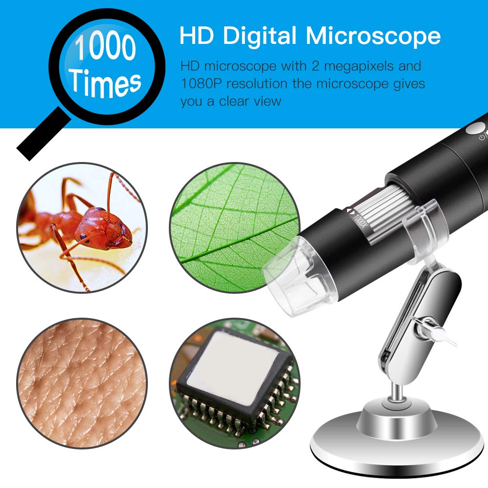 2MP 1000X WIFI Digital Mini Pocket Microscope Camera 8 LED Magnification Endoscope with Metal Stand Rechargeable