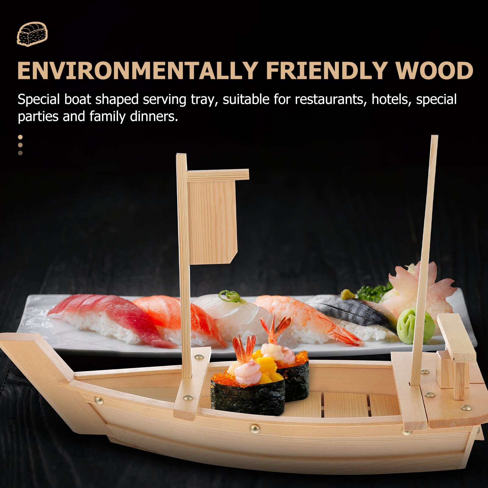 1Pc Sushi Boat Plate Sashimi Serving Plate Boat Shape Plate Wooden Tray