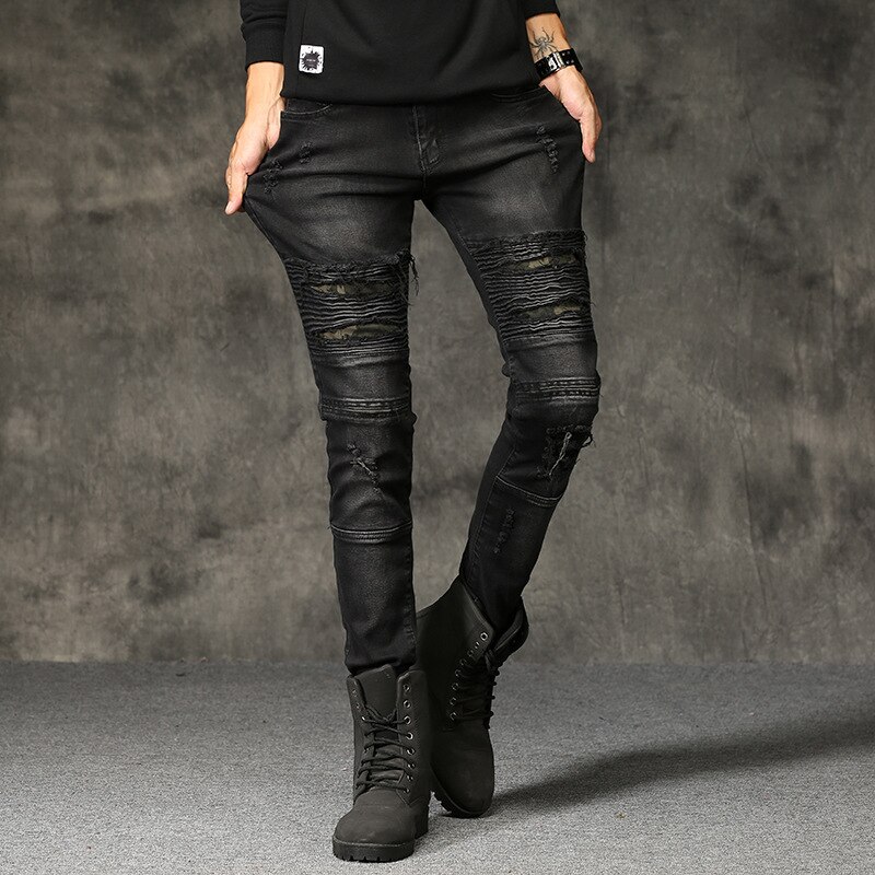 Men jeans denim high street ripped knee black slim stretch pants straight motorcycle washed trousers