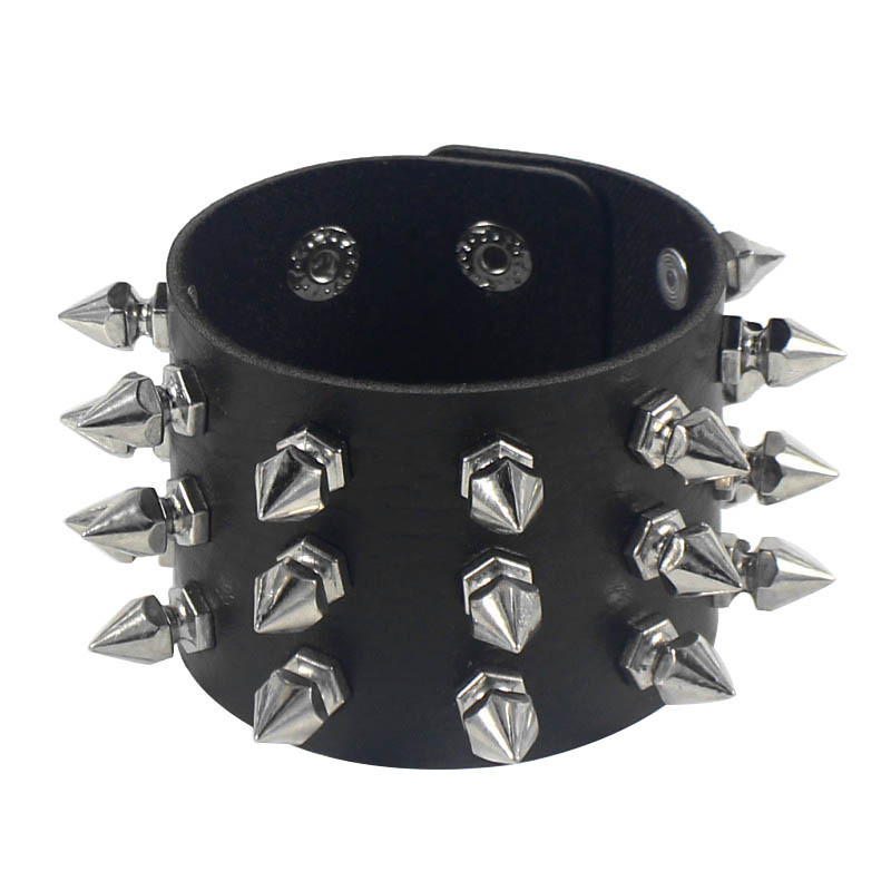 Punk Bracelet for Men Women Goth Black Leather Wristband with Metal Spike Studded Spike Rivets Cuff Bangle Adjustable: Light Yellow Gold Color
