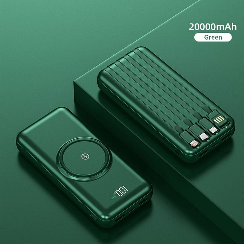 Pinzheng 20000Mah Draadloze Power Bank Ingebouwde 4 Kabels Powerbank Draagbare Externe Batterij Oplader Voor Iphone 12 Pro xiaomi 10: Green 20000mAh