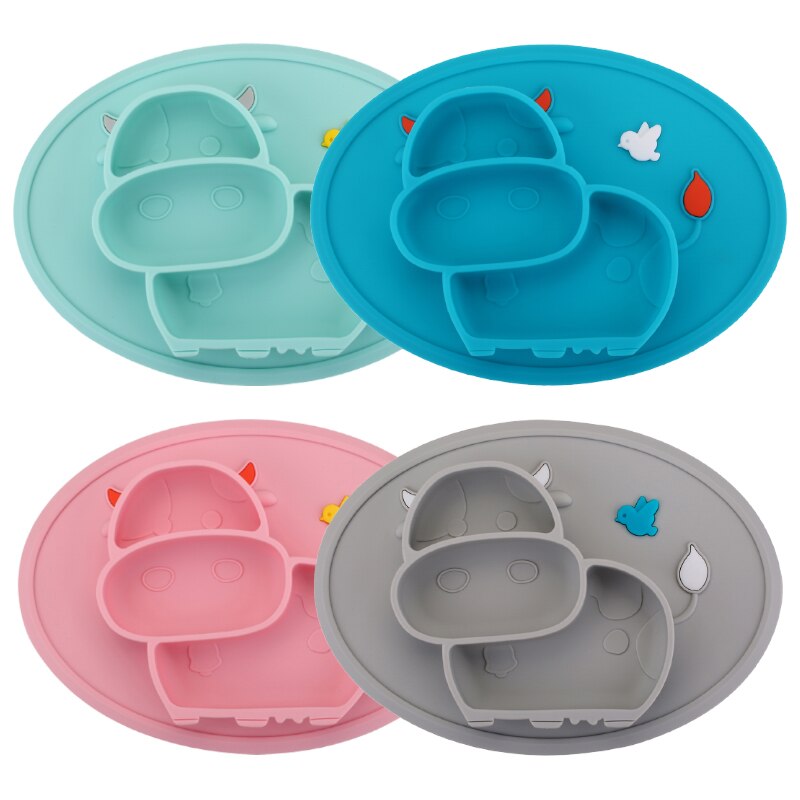 Qshare 4 stk ko baby spiseplade børn mad foderskål anti-fald retter spædbarn silikone suge bordservice: 4 stk. blandingsfarve