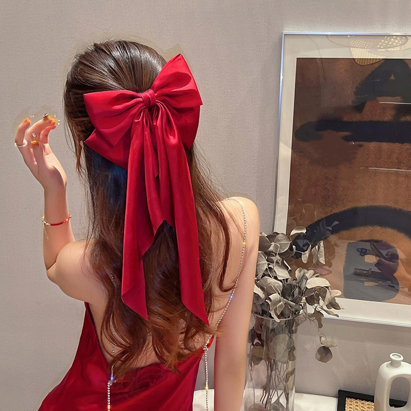 Grampo de cabelo grande laço para mulheres, monocromático cetim rabo de cavalo hairpin, streamer vermelho elegante, acessórios simples para meninas, moda