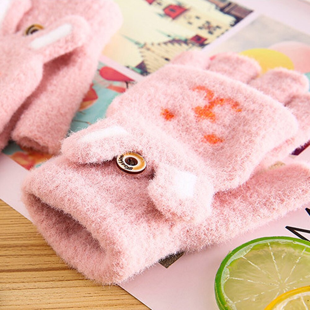 1 par conejo oreja Flip-top guantes de niño chico esponjoso de manopla de mitad de dedo de dibujos animados de invierno guantes