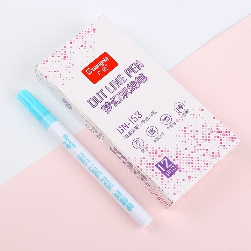 12 Magic Double Lines Art Markers Pen Out Line Pen Fine Liner Marker Fineliner Calligraphy Lettering Pen Color Scrapbooking Pens: sky blue 12pcs