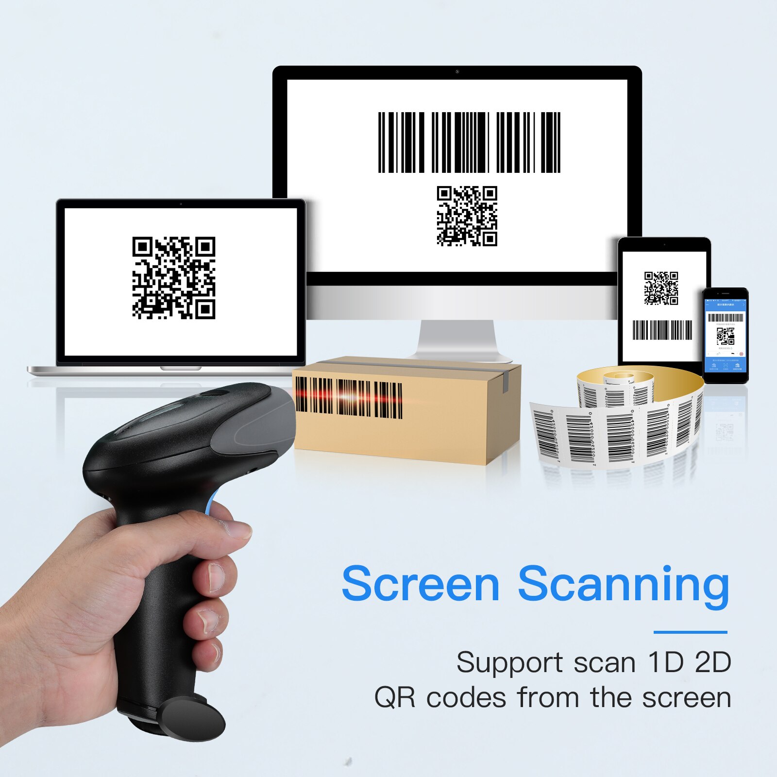Eyoyo 1D 2D Wireless Barcode Scanner USB Wired Cordless Rechargeable Scanner for Inventory Management,Handheld Bar Code Reader