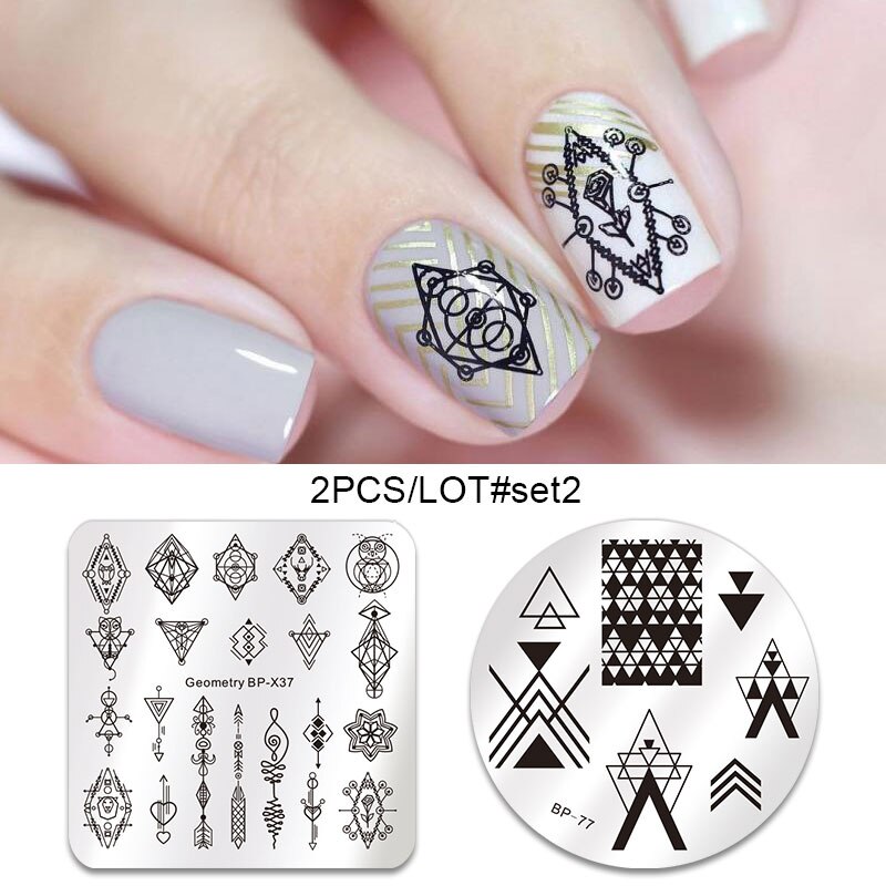 GEBOREN ZIEMLICH 2Stck Nagel Stanzen Platten einstellen SchöNe Blume Geometrische Nette Ebene idee Nagel Kunst Stempel Bild Platte DIY werkzeuge